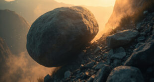 Massive stone boulder suspended on steep rocky mountainside path, illuminated by golden twilight against granite gray slopes