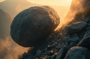 Massive stone boulder suspended on steep rocky mountainside path, illuminated by golden twilight against granite gray slopes