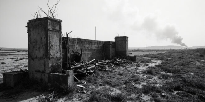 Damaged concrete barrier posts and abandoned military equipment scattered across empty contested borderland.