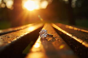 Sparkling diamond engagement ring abandoned on wooden bench along empty Richmond Park pathway at golden hour