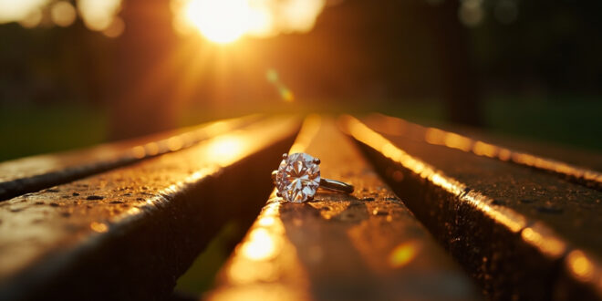 Sparkling diamond engagement ring abandoned on wooden bench along empty Richmond Park pathway at golden hour