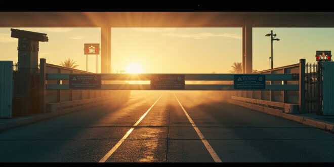 Empty border control booth with lowered barrier at a deserted crossing station at dawn, warning signs visible