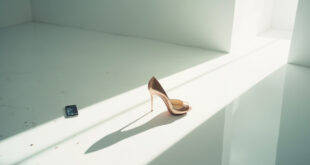 Elegant rose gold stiletto heel next to abandoned smartphone displaying viral challenge in minimalist studio with dramatic lighting