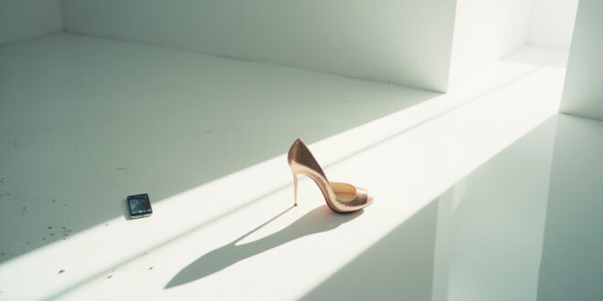 Elegant rose gold stiletto heel next to abandoned smartphone displaying viral challenge in minimalist studio with dramatic lighting