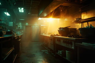Abandoned upscale restaurant kitchen with cold, unused chef's stations illuminated in steel gray and muted gold lighting