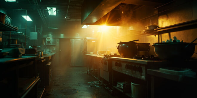 Abandoned upscale restaurant kitchen with cold, unused chef's stations illuminated in steel gray and muted gold lighting