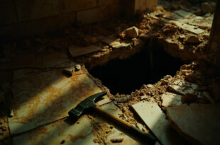 Torn bathroom tiles and scratched walls around small dark opening near damaged furniture