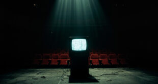 Empty theater stage with vintage television set under spotlight, red velvet seats in darkness