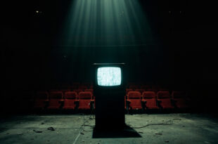 Empty theater stage with vintage television set under spotlight, red velvet seats in darkness