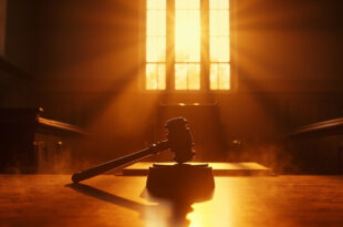 Empty judge's chair and gavel at wooden bench in vacant courtroom bathed in golden sunset light