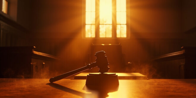 Empty judge's chair and gavel at wooden bench in vacant courtroom bathed in golden sunset light