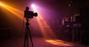 Vintage television equipment in an empty studio with dimming lights, highlighting an old camera on tripod in amber and purple hues.