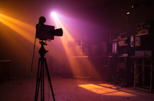 Vintage television equipment in an empty studio with dimming lights, highlighting an old camera on tripod in amber and purple hues.