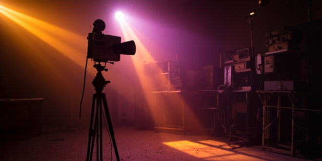 Vintage television equipment in an empty studio with dimming lights, highlighting an old camera on tripod in amber and purple hues.