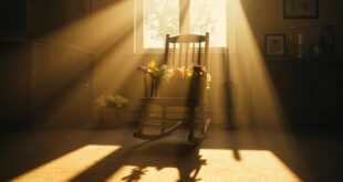 Empty wooden rocking chair with memorial flowers beside a lit white candle and family photographs in a peaceful room.