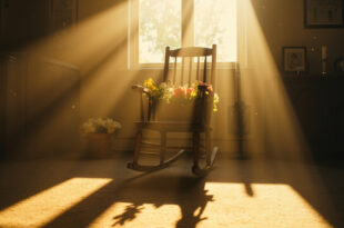Empty wooden rocking chair with memorial flowers beside a lit white candle and family photographs in a peaceful room.