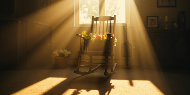 Empty wooden rocking chair with memorial flowers beside a lit white candle and family photographs in a peaceful room.