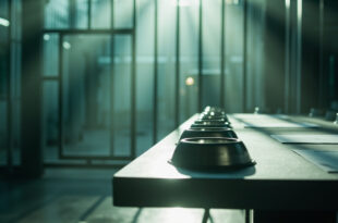 Empty animal feeding bowls beside closed gates in sterile zoo administrative area with blank donation forms on table