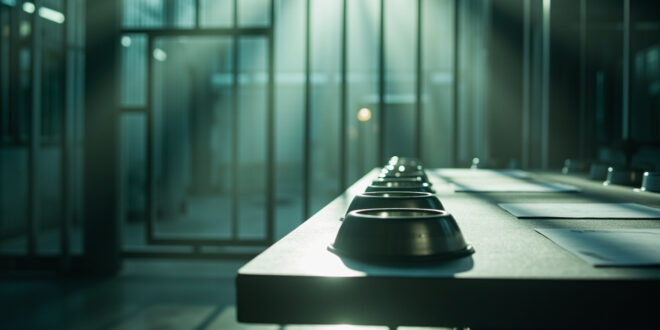 Empty animal feeding bowls beside closed gates in sterile zoo administrative area with blank donation forms on table