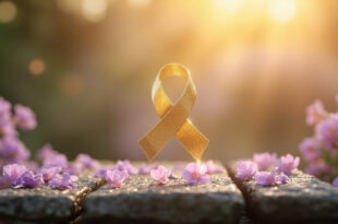 Golden cancer awareness ribbon floating above scattered flower petals on weathered stone surface in garden setting
