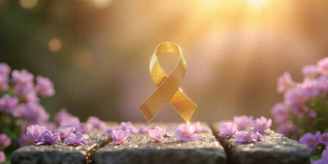 Golden cancer awareness ribbon floating above scattered flower petals on weathered stone surface in garden setting
