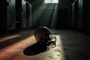 Football helmet lying sideways on concrete locker room floor with dramatic lighting creating long shadows