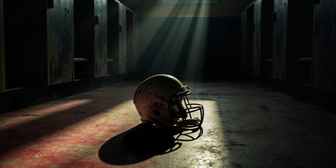 Football helmet lying sideways on concrete locker room floor with dramatic lighting creating long shadows