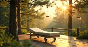 Hospital bed on wooden deck surrounded by pine trees and hummingbird feeders in mountain forest setting