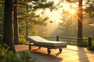 Hospital bed on wooden deck surrounded by pine trees and hummingbird feeders in mountain forest setting