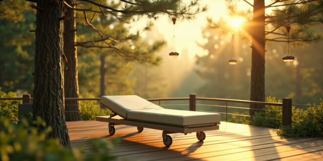Hospital bed on wooden deck surrounded by pine trees and hummingbird feeders in mountain forest setting