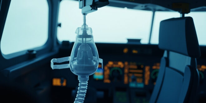 Emergency oxygen mask deployed in commercial aircraft cockpit with instrument panel background
