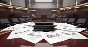 Empty parliamentary chamber with economic policy papers and unemployment statistics charts on desk