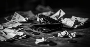 Empty wallet with scattered coins next to unpaid heating bills and grocery receipts on wooden table