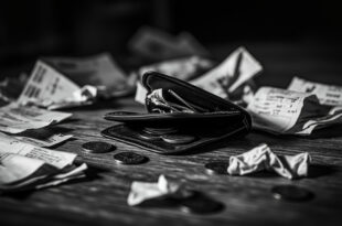 Empty wallet with scattered coins next to unpaid heating bills and grocery receipts on wooden table