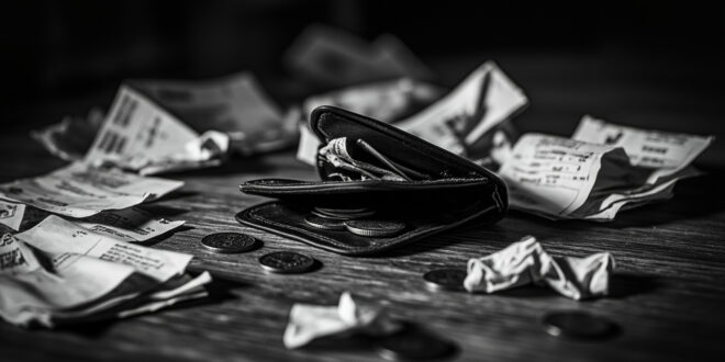 Empty wallet with scattered coins next to unpaid heating bills and grocery receipts on wooden table