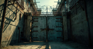 Metal prison gate with barbed wire coils and concrete security barriers under harsh lighting