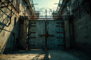 Metal prison gate with barbed wire coils and concrete security barriers under harsh lighting