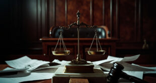 Brass scales of justice on marble surface with legal papers and gavel in dramatic lighting