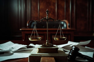Ornate brass scales of justice on polished wooden courtroom bench with rich mahogany paneling in background