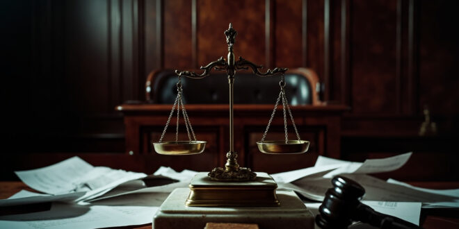 Brass scales of justice on marble surface with legal papers and gavel in dramatic lighting