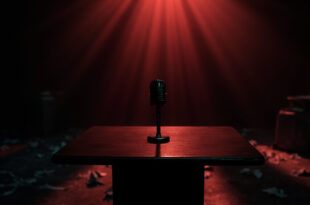 Empty news desk with microphone and scattered documents in darkened television studio