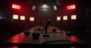 Empty news desk with microphone and dark television monitors in abandoned broadcast studio