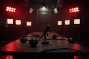 Empty news desk with microphone and dark television monitors in abandoned broadcast studio