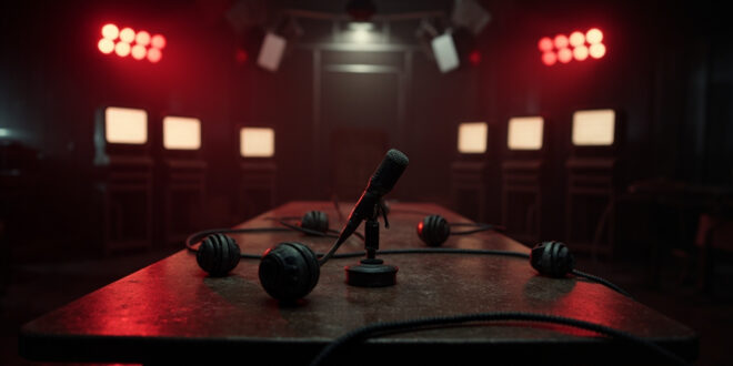 Empty news desk with microphone and dark television monitors in abandoned broadcast studio