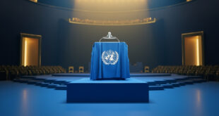 Empty UN General Assembly hall with rows of seats, podium center stage, and member nation flags lining the walls