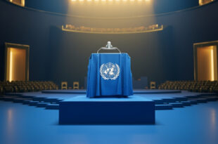 Empty UN General Assembly hall with rows of seats, podium center stage, and member nation flags lining the walls