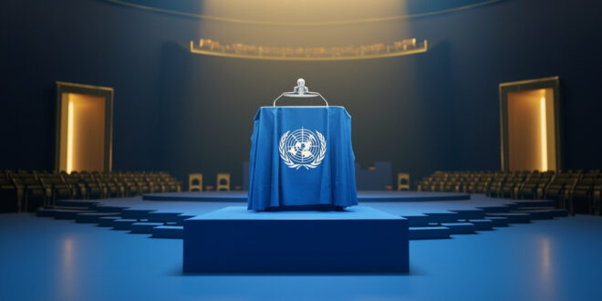 Empty UN General Assembly hall with rows of seats, podium center stage, and member nation flags lining the walls