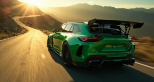 Green high-performance station wagon on mountain road with dramatic lighting and wide stance