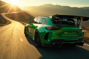 Green high-performance station wagon on mountain road with dramatic lighting and wide stance