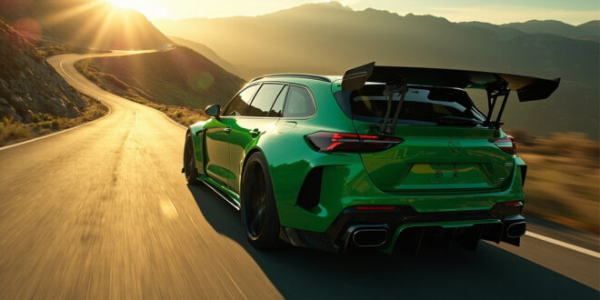 Green high-performance station wagon on mountain road with dramatic lighting and wide stance